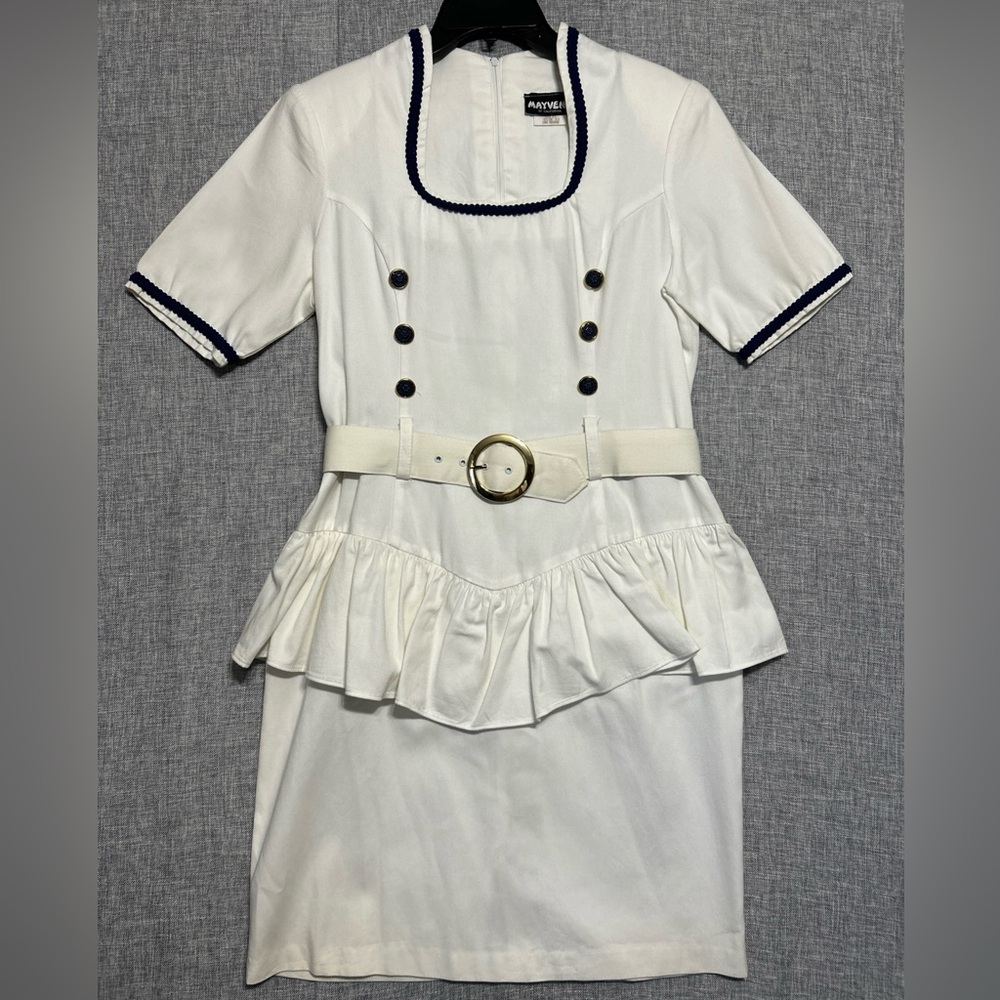 Mayvens Women's Ivory VTG 1980s Sailor Stewardess Belted Party Dress Size 11
